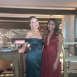 LUXXEL Burgundy Halter Plunge Formal Maxi Dress